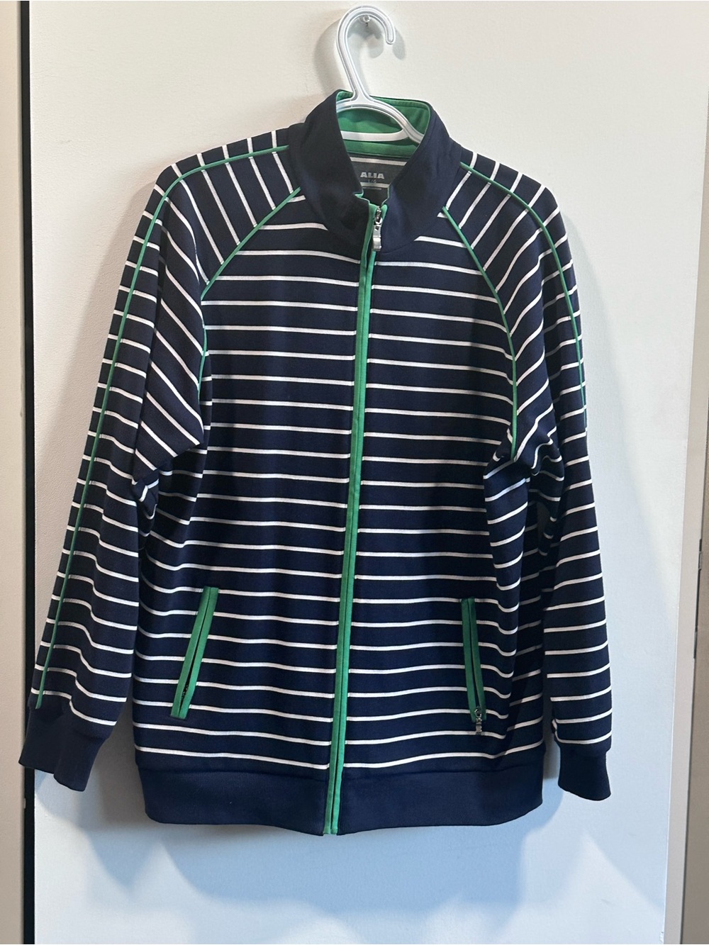 Alia Navy and White Striped Zip-Up Sweater with Green Trim